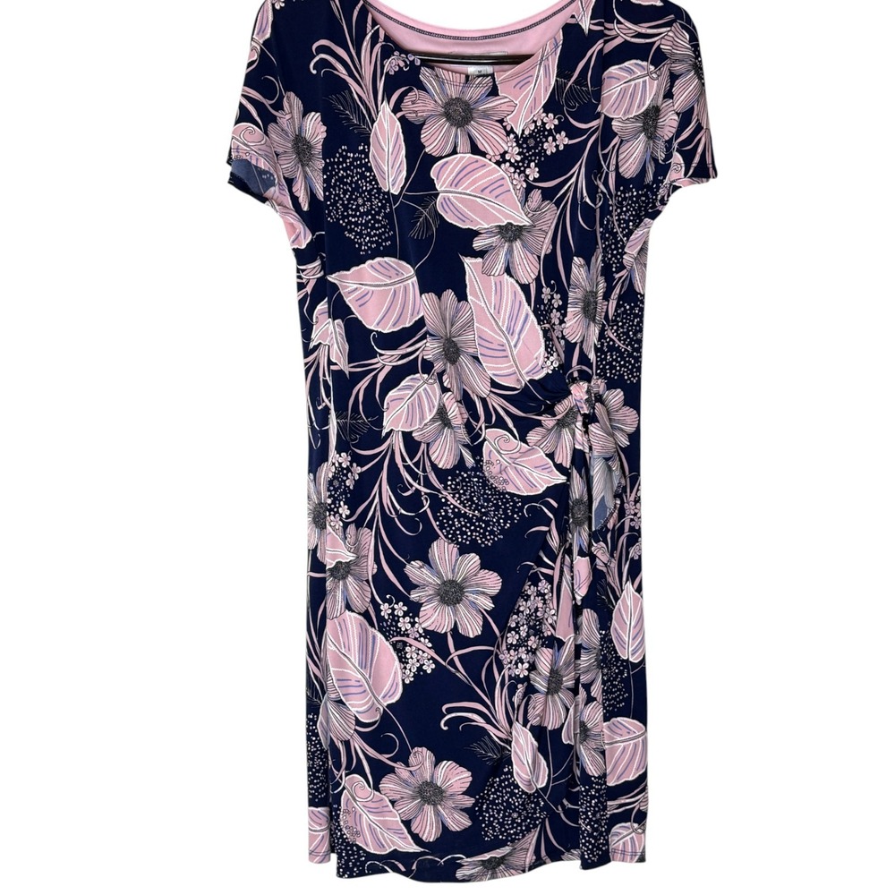 Robbie Bee Navy Floral Pink Short Sleeve Knit Dress Women Size Medium‎